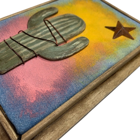Mixed Media Wall Art Saguaro Cactus Scene Sunset Stars Desert Southwest 6 x 8 - Picture 2 of 5